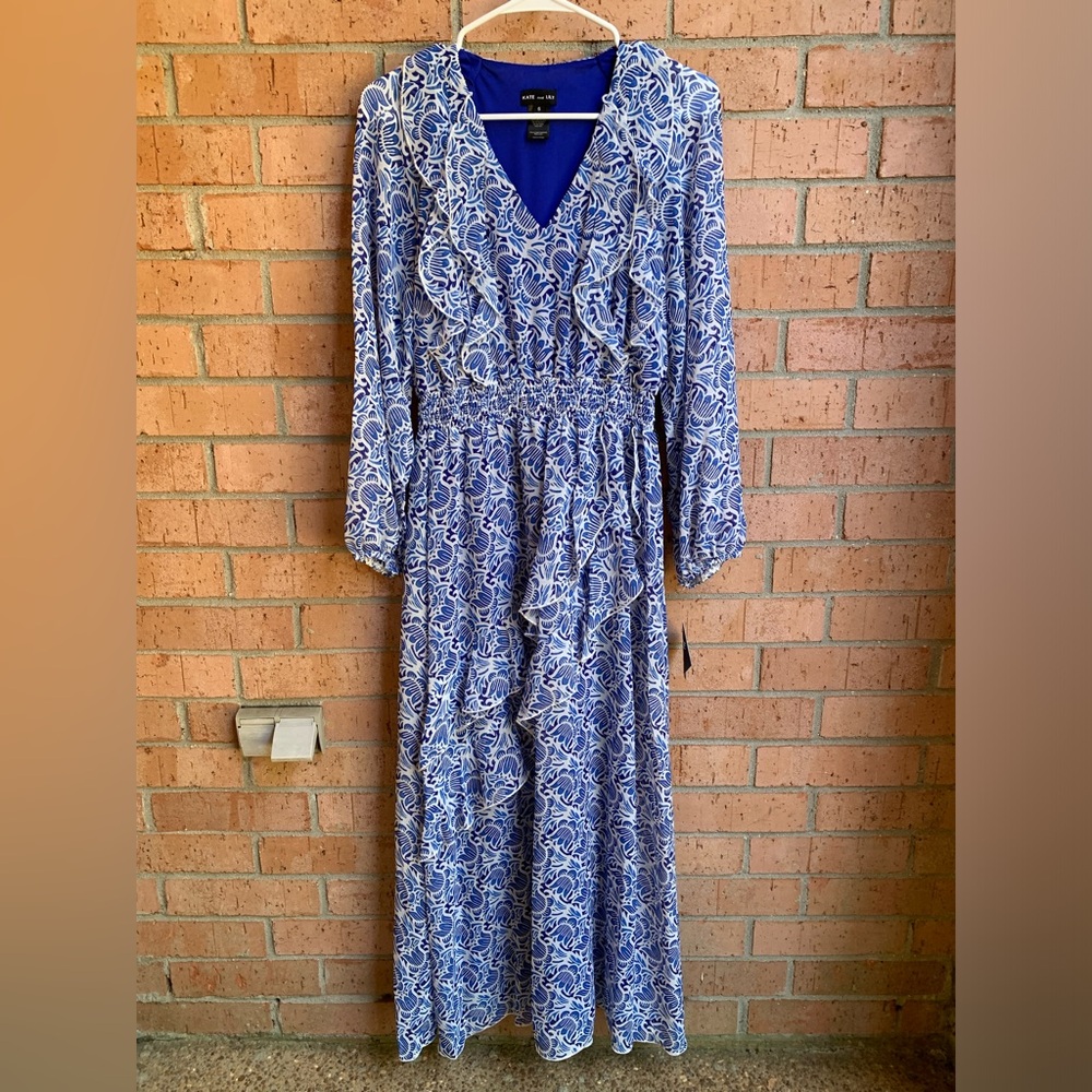 Kate and Lily Blue & White Flowy Maxi Dress Smocked Waist Ruffles Size 6